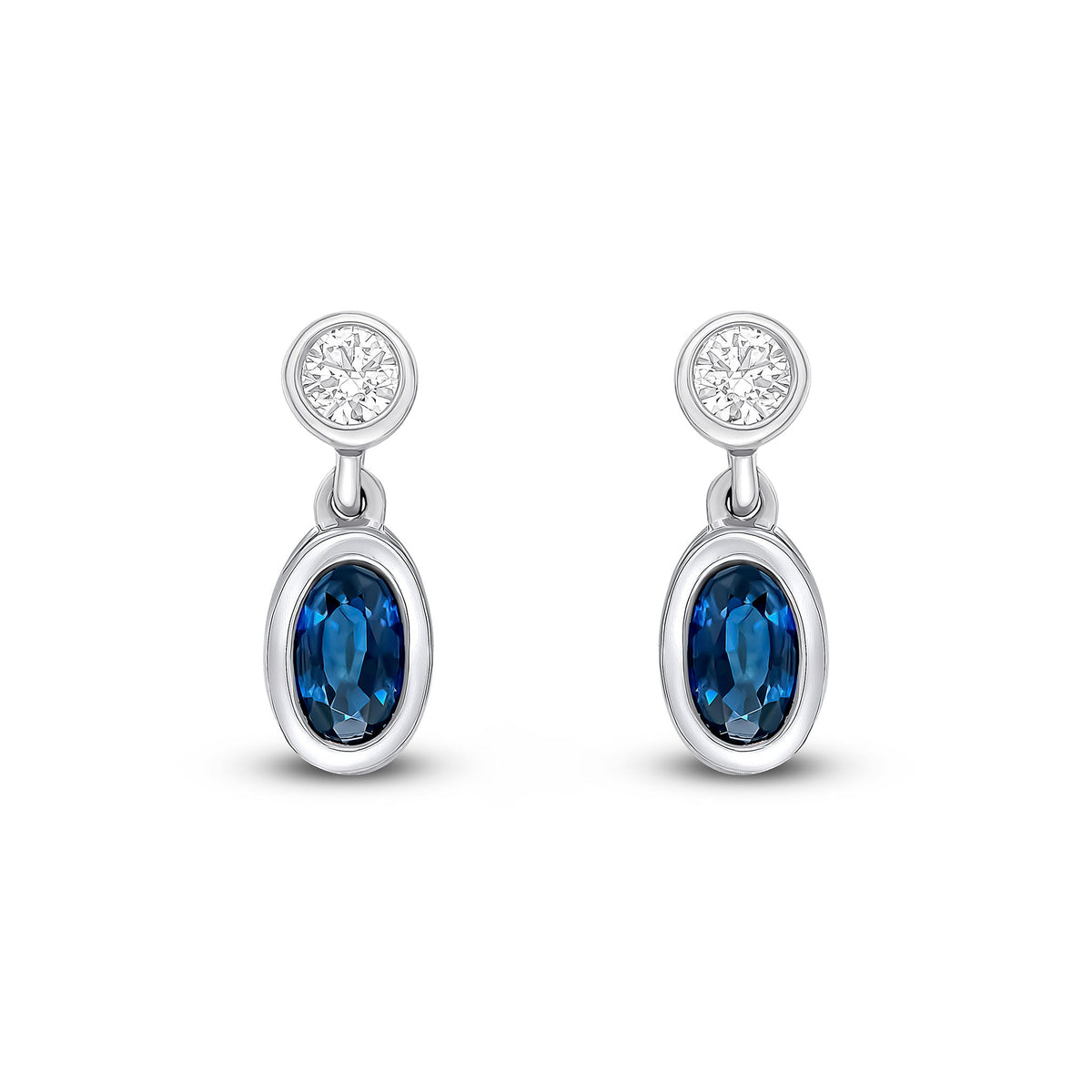 18ct White Gold Oval Natural Sapphire & Diamond Two Stone Rubover Drop Earrings — 5x3mm