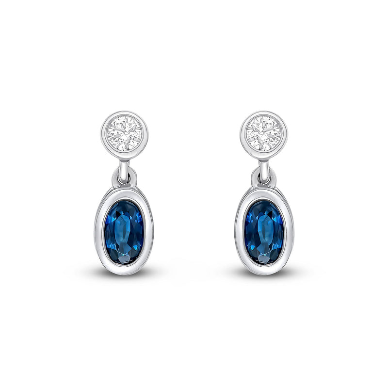 18ct White Gold Oval Natural Sapphire & Diamond Two Stone Rubover Drop Earrings — 5x3mm