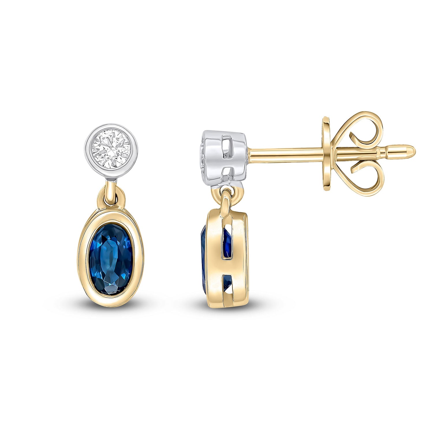 18ct Yellow and White Gold Oval Natural Sapphire and Round Diamond Two Stone Earrings — 5x3mm
