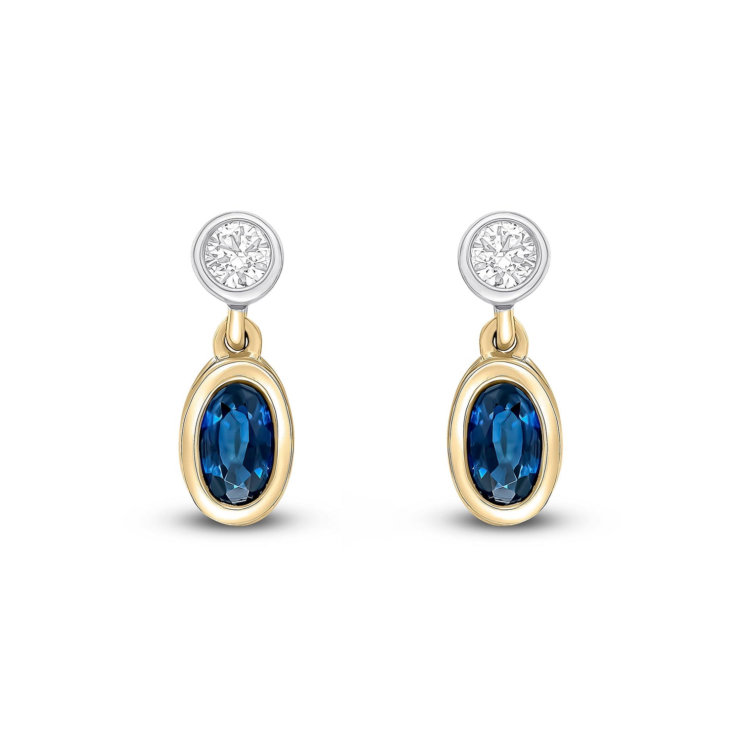 18ct Yellow and White Gold Oval Natural Sapphire and Round Diamond Two Stone Earrings — 5x3mm