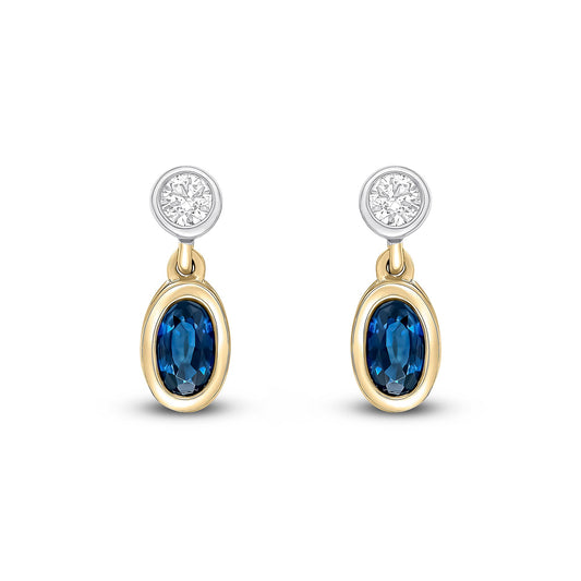 18ct Yellow and White Gold Oval Natural Sapphire and Round Diamond Two Stone Earrings — 5x3mm