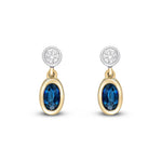 18ct Yellow and White Gold Oval Natural Sapphire & Diamond Two Stone Rubover Drop Earrings — 5x3mm