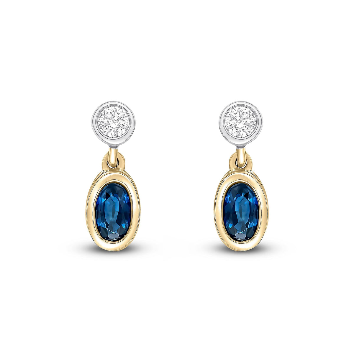 18ct Yellow and White Gold Oval Natural Sapphire & Diamond Two Stone Rubover Drop Earrings — 5x3mm