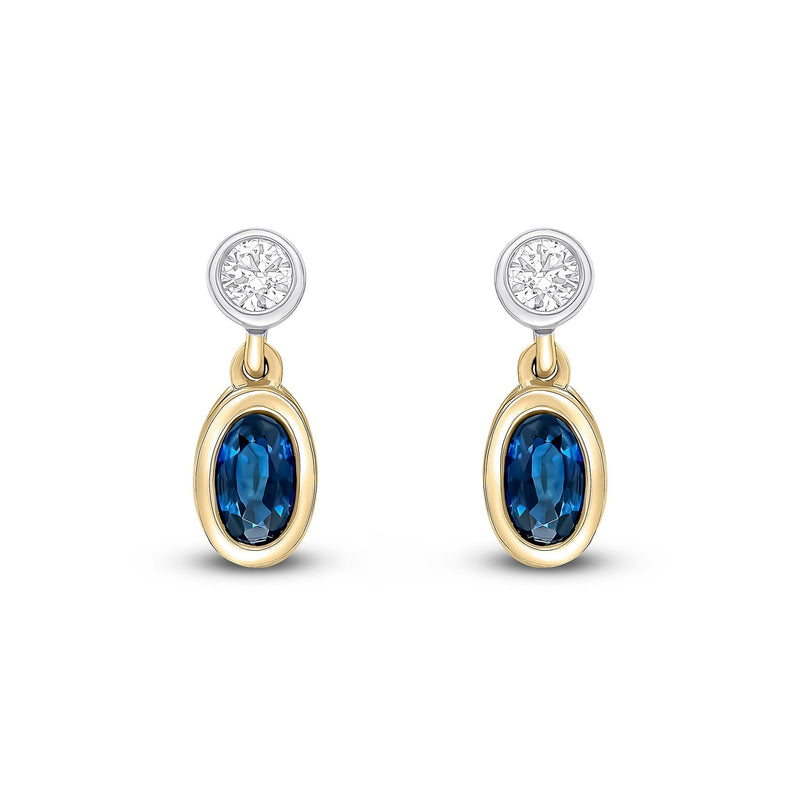 18ct Yellow and White Gold Oval Natural Sapphire & Diamond Two Stone Rubover Drop Earrings — 5x3mm