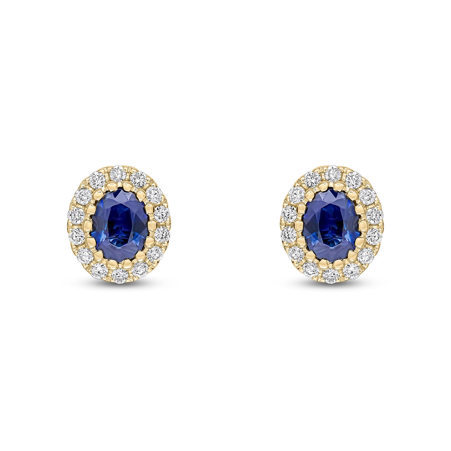 18ct Yellow Gold Oval Sapphire & Diamond Halo Stud Earrings