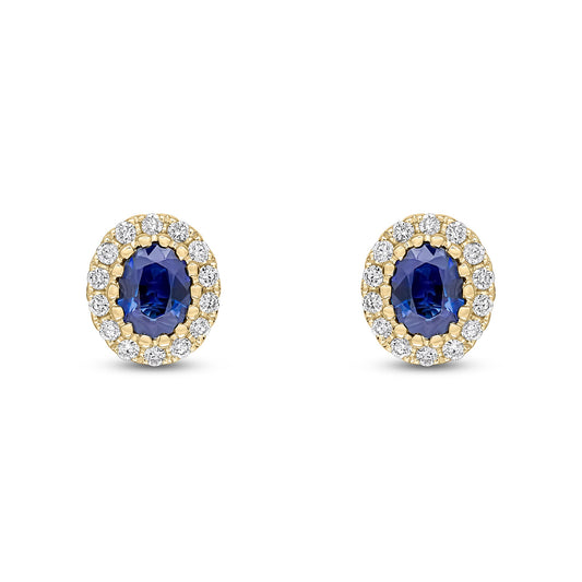 18ct Yellow Gold Oval Natural Sapphire and Diamond Halo Stud Earrings