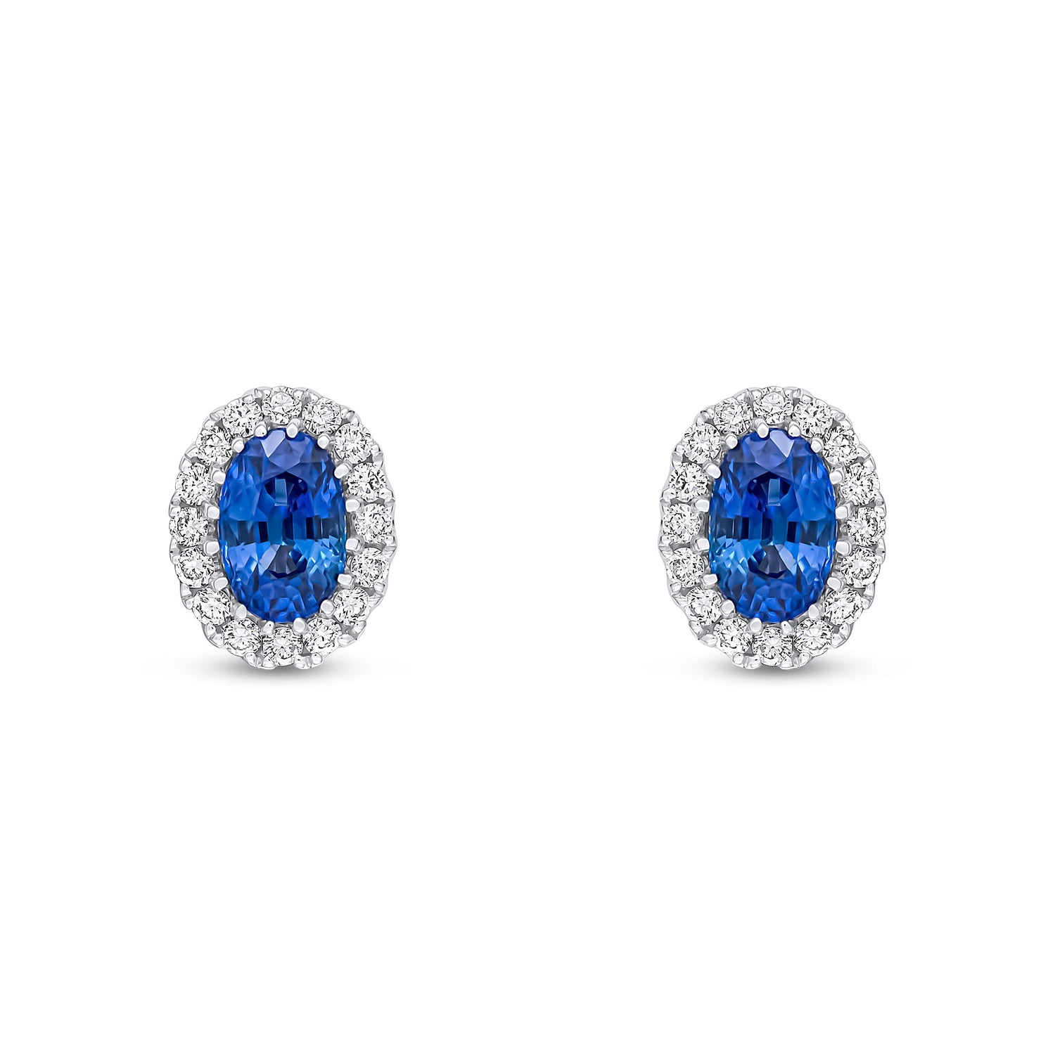 18ct White Gold Oval Sapphire & Diamond Cluster Stud Earrings
