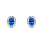 18ct White Gold Oval Natural Sapphire & Diamond Halo Cluster Stud Earrings — 6x4mm