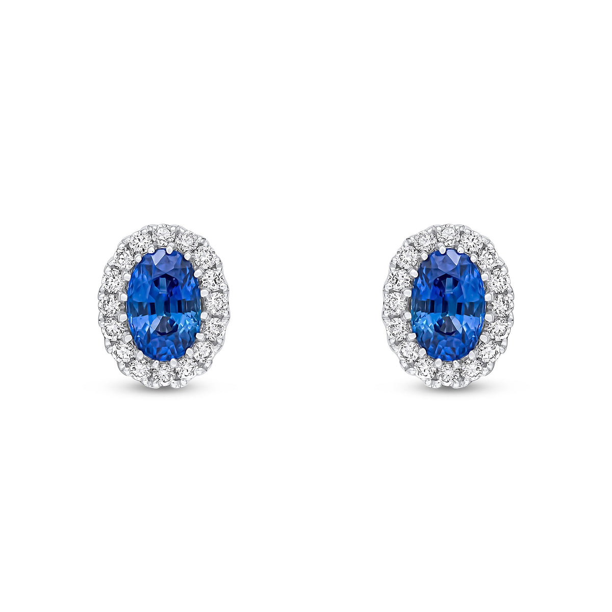 18ct White Gold Oval Natural Sapphire & Diamond Halo Cluster Stud Earrings — 6x4mm
