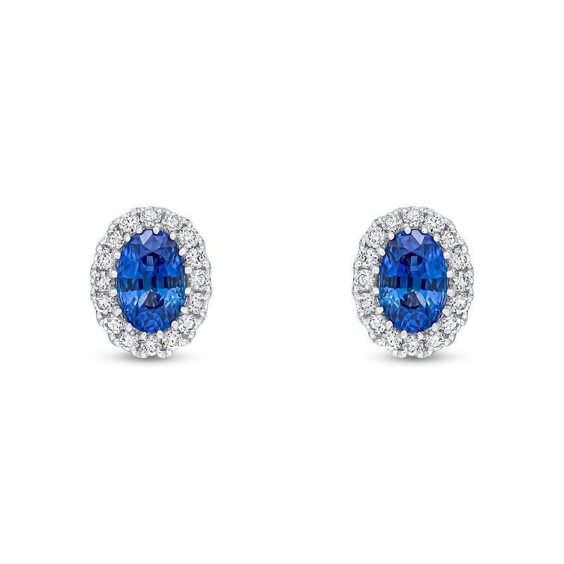 18ct White Gold Oval Natural Sapphire & Diamond Halo Cluster Stud Earrings — 6x4mm