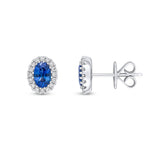 18ct White Gold Oval Natural Sapphire & Diamond Halo Cluster Stud Earrings — 6x4mm
