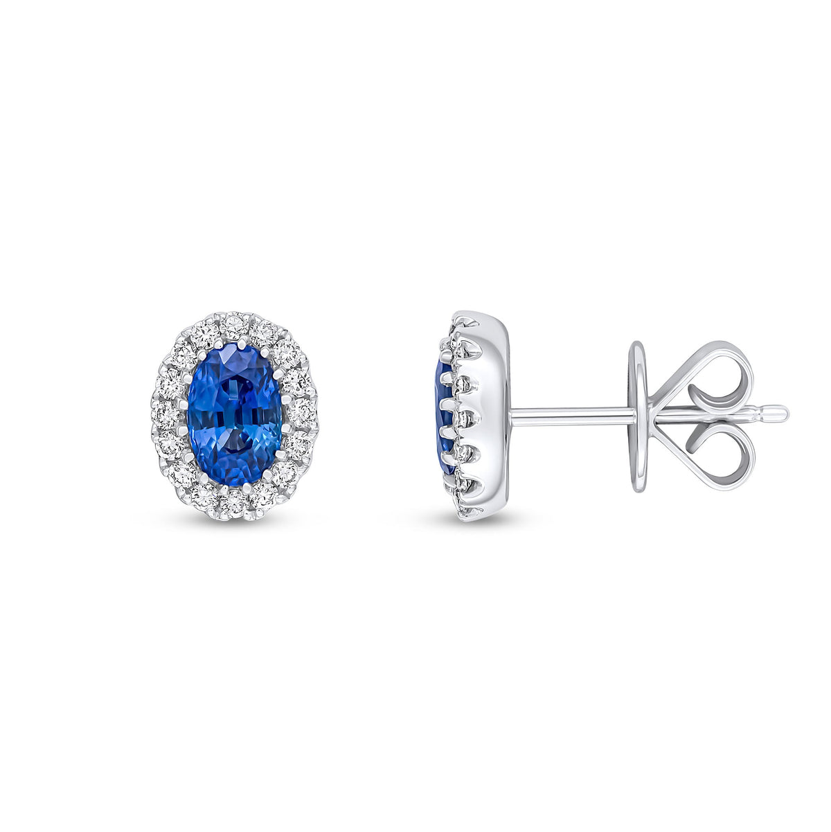 18ct White Gold Oval Natural Sapphire & Diamond Halo Cluster Stud Earrings — 6x4mm