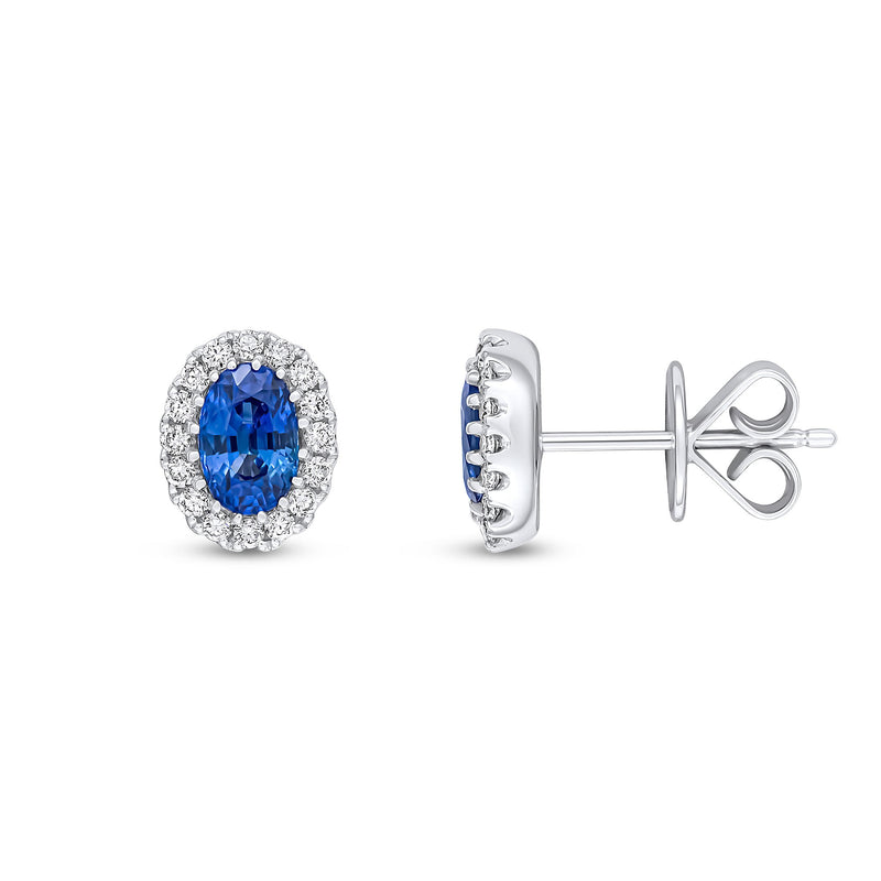 18ct White Gold Oval Natural Sapphire & Diamond Halo Cluster Stud Earrings — 6x4mm
