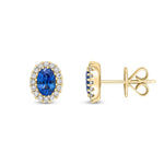 18ct Yellow Gold Oval Natural Sapphire & Diamond Halo Cluster Stud Earrings — 6x4mm