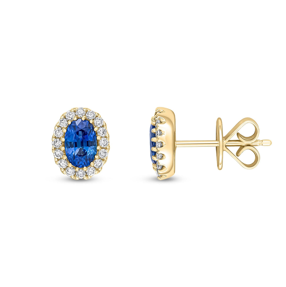 18ct Yellow Gold Oval Natural Sapphire & Diamond Halo Cluster Stud Earrings — 6x4mm