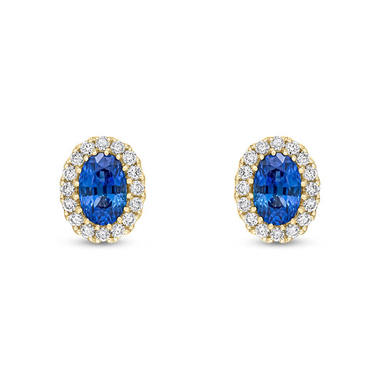 18ct Yellow Gold Oval Sapphire & Diamond Cluster Stud Earrings