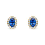 18ct Yellow Gold Oval Natural Sapphire & Diamond Halo Cluster Stud Earrings — 6x4mm