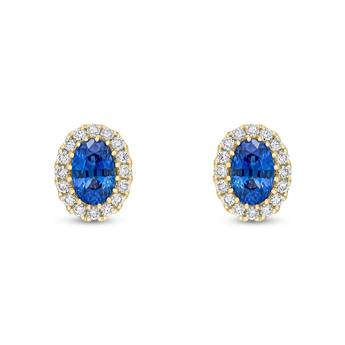 18ct Yellow Gold Oval Natural Sapphire & Diamond Halo Cluster Stud Earrings — 6x4mm