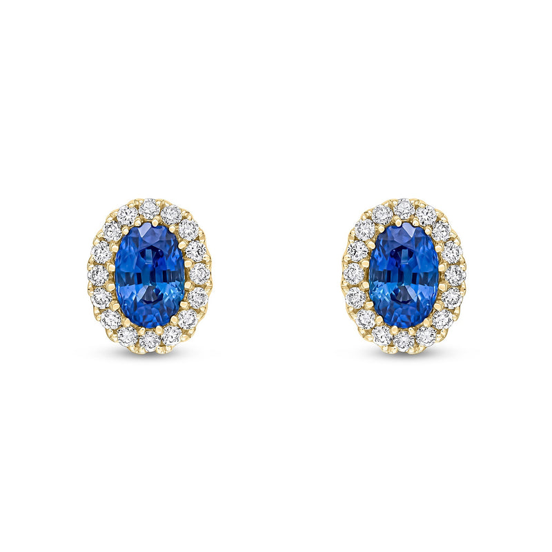 18ct Yellow Gold Oval Natural Sapphire & Diamond Halo Cluster Stud Earrings — 6x4mm