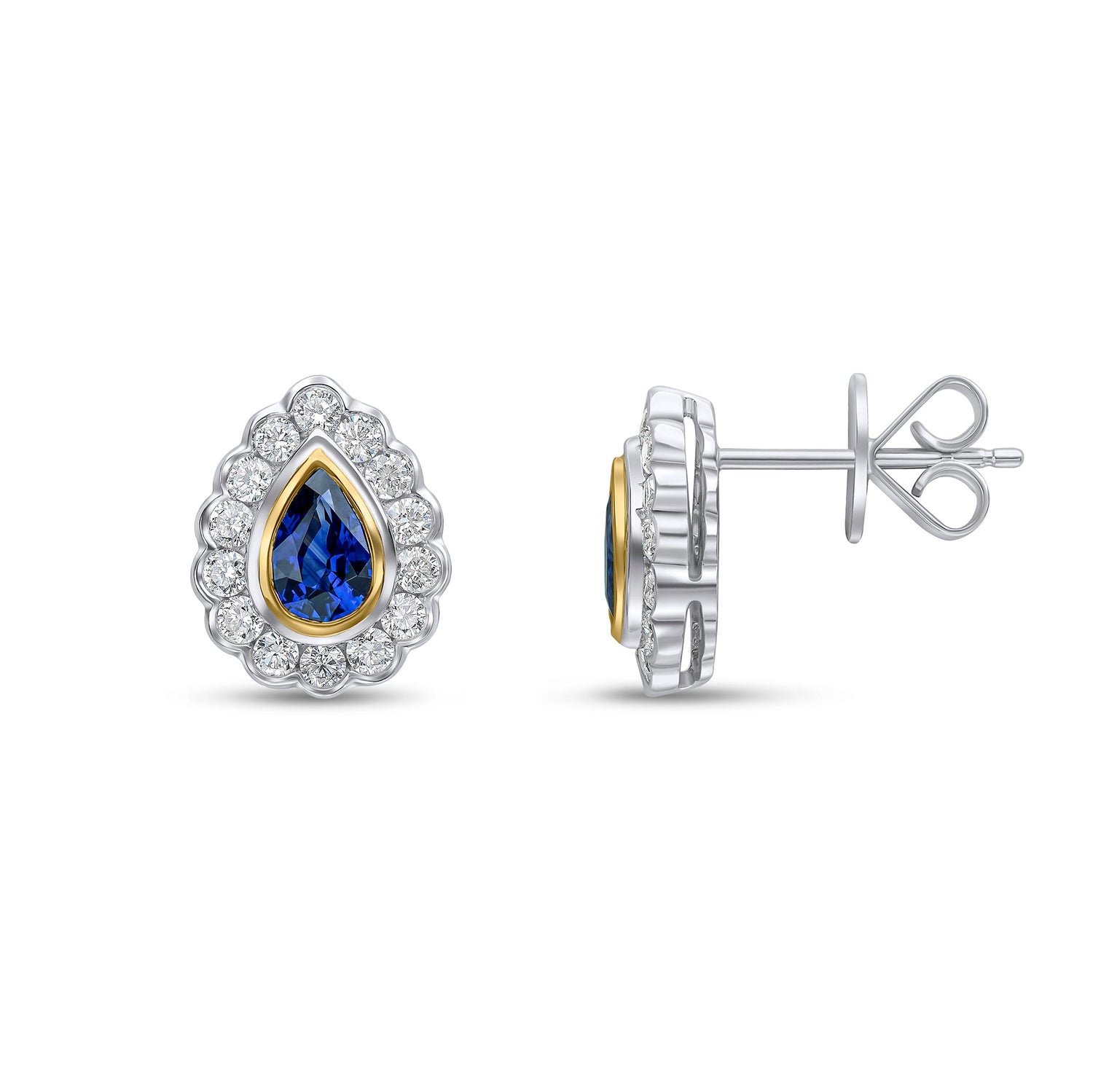 18ct White and Yellow Gold Pear Shaped Natural Sapphire and Round Diamond Rubover Scalloped Edge Stud Earrings — 6x4mm