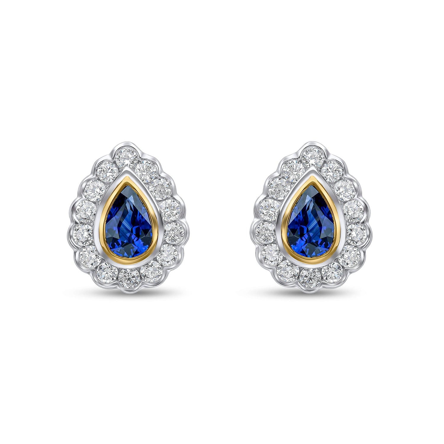 18ct White and Yellow Gold Pear Shaped Natural Sapphire and Round Diamond Rubover Scalloped Edge Stud Earrings — 6x4mm