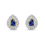 18ct Yellow and White Gold Pear Shaped Natural Sapphire & Diamond Rubover Scalloped Edge Cluster Stud Earrings — 6x4mm