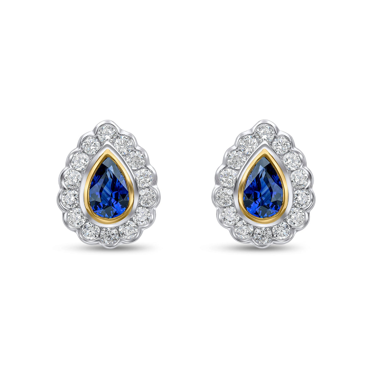 18ct Yellow and White Gold Pear Shaped Natural Sapphire & Diamond Rubover Scalloped Edge Cluster Stud Earrings — 6x4mm