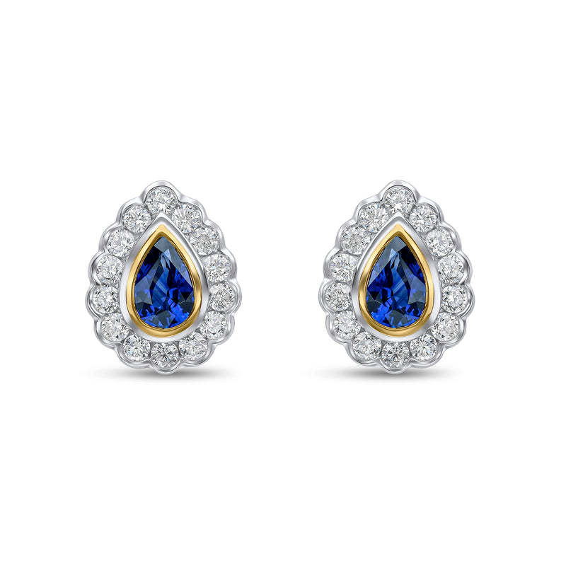 18ct Yellow and White Gold Pear Shaped Natural Sapphire & Diamond Rubover Scalloped Edge Cluster Stud Earrings — 6x4mm