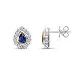 18ct Yellow and White Gold Pear Shaped Natural Sapphire & Diamond Rubover Scalloped Edge Cluster Stud Earrings — 6x4mm