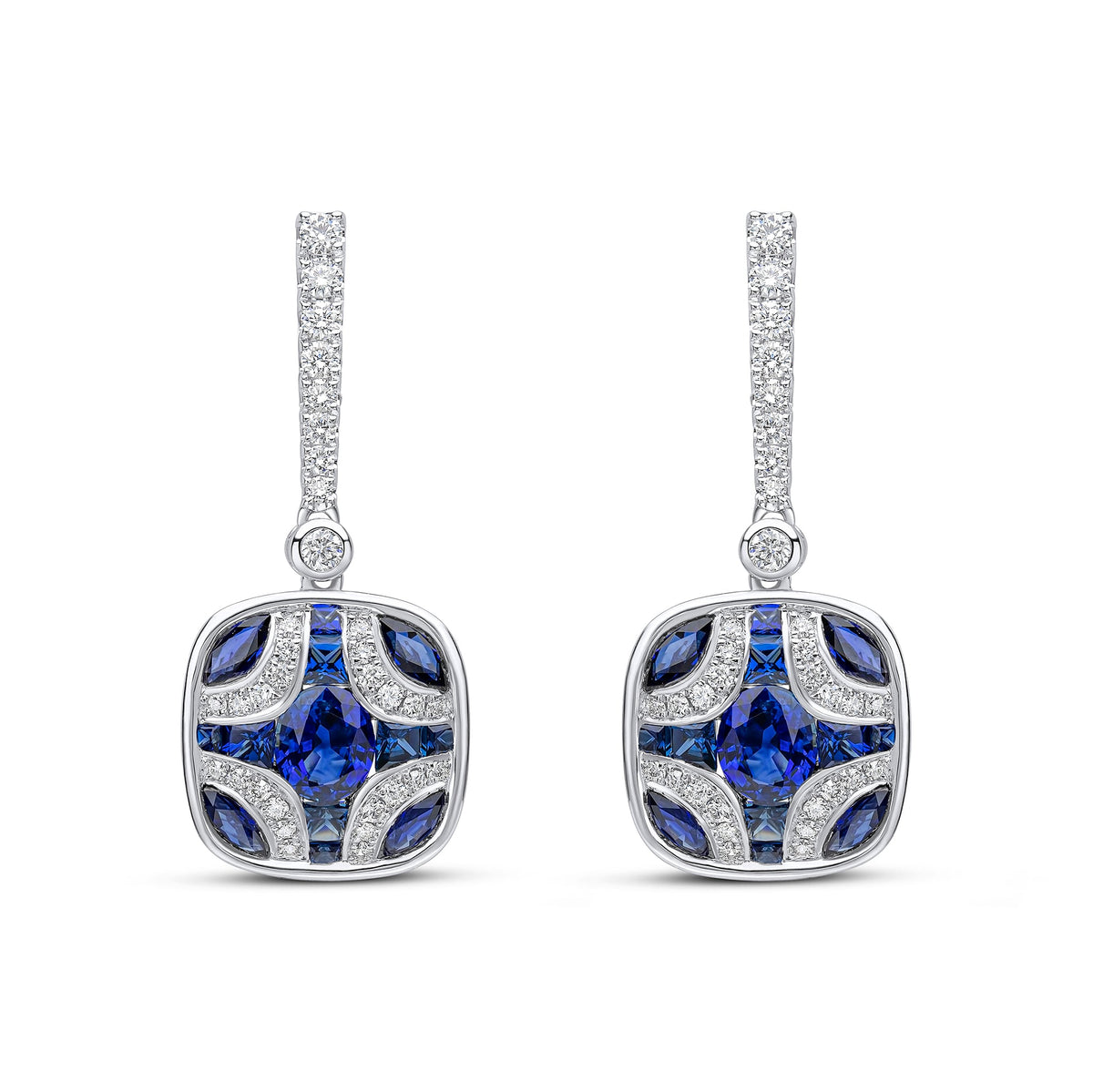 18ct White Gold Natural Sapphire & Diamond Shield and Diamond Line Top Drop Earrings