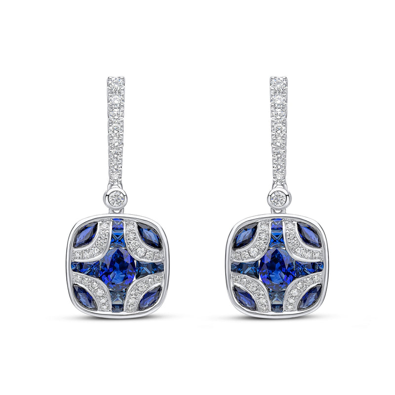 18ct White Gold Natural Sapphire & Diamond Shield and Diamond Line Top Drop Earrings
