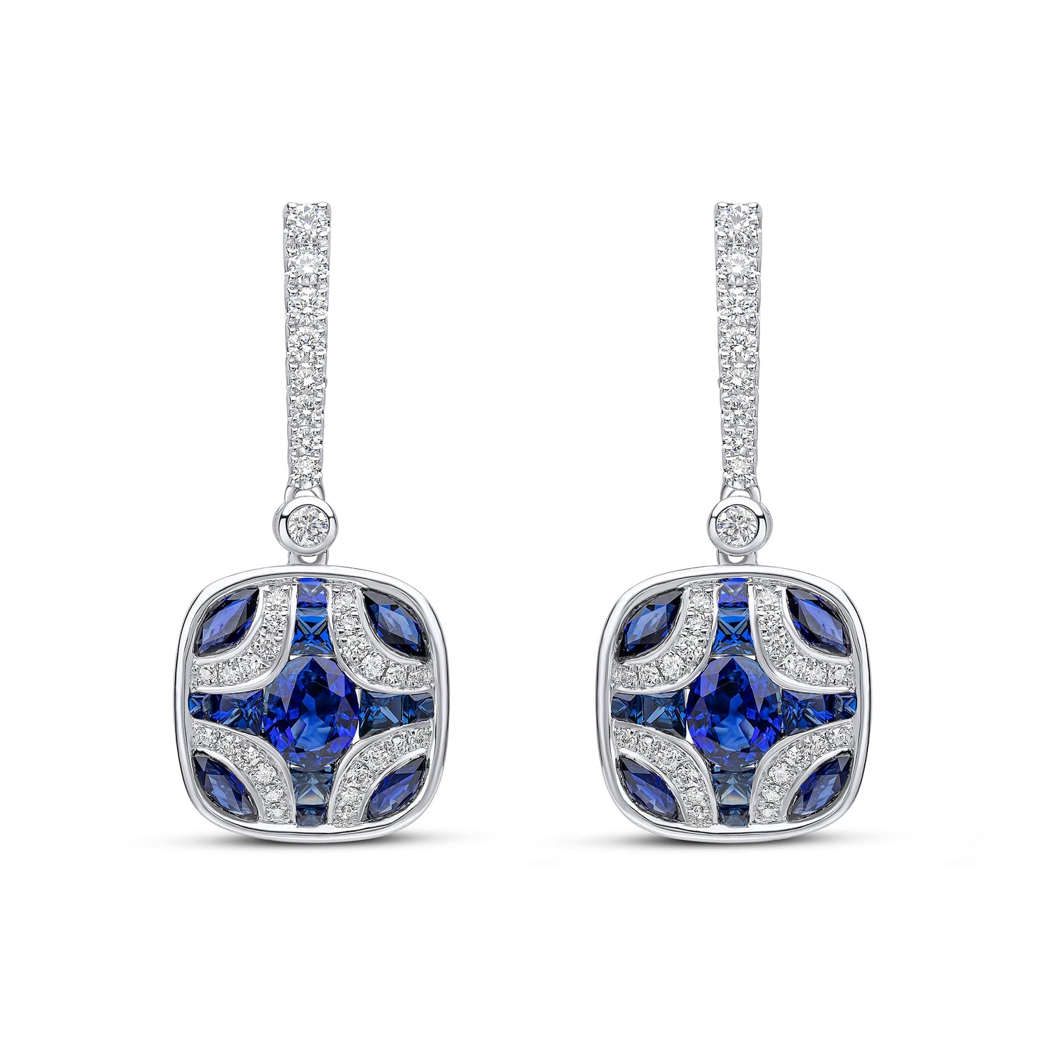 18ct White Gold Natural Sapphire and Diamond Shield & Diamond Line Top Drop Earrings — 29mm