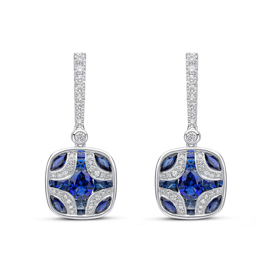 18ct White Gold Natural Sapphire and Diamond Shield & Diamond Line Top Drop Earrings — 29mm