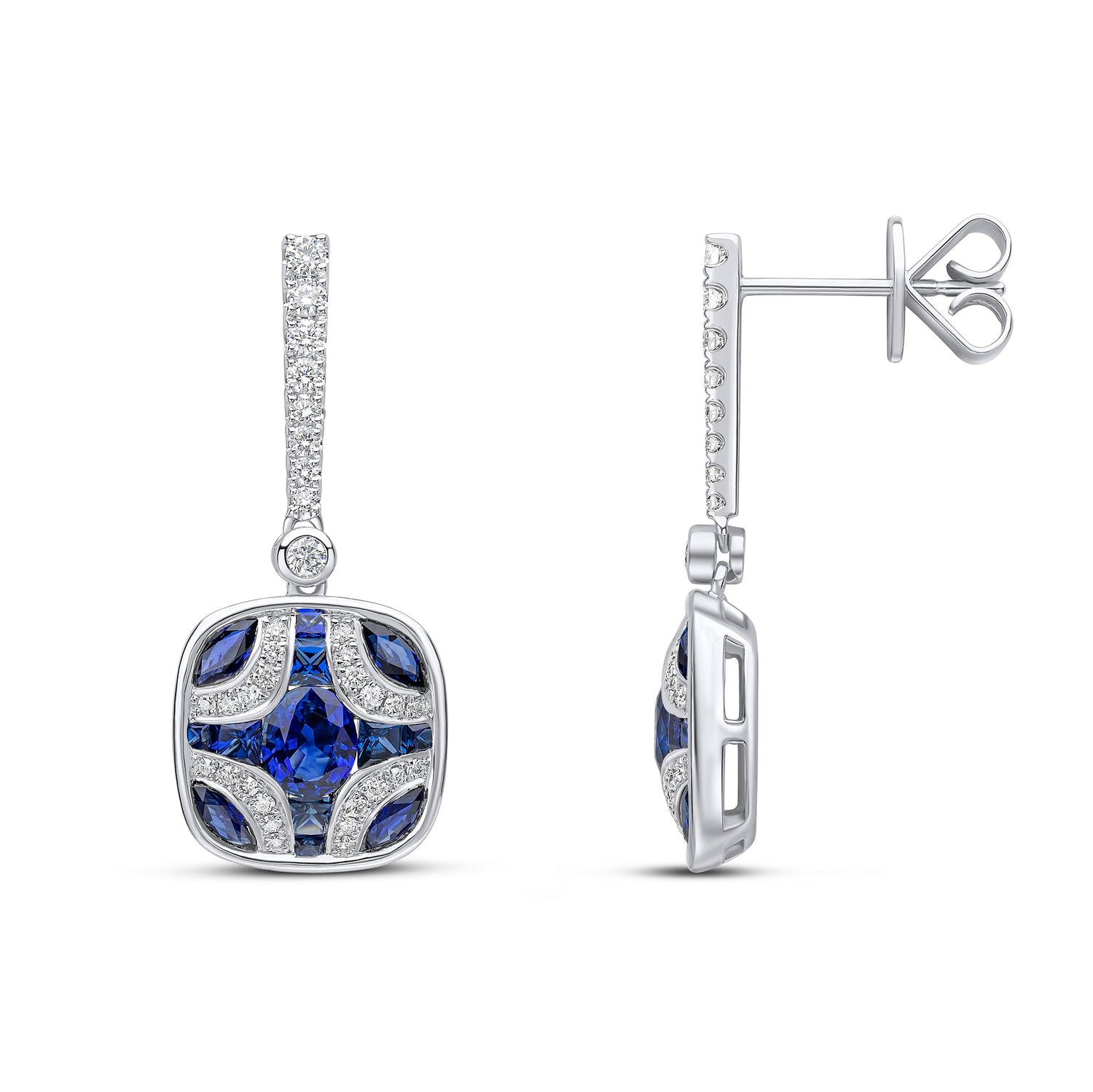18ct White Gold Natural Sapphire and Diamond Shield & Diamond Line Top Drop Earrings — 29mm