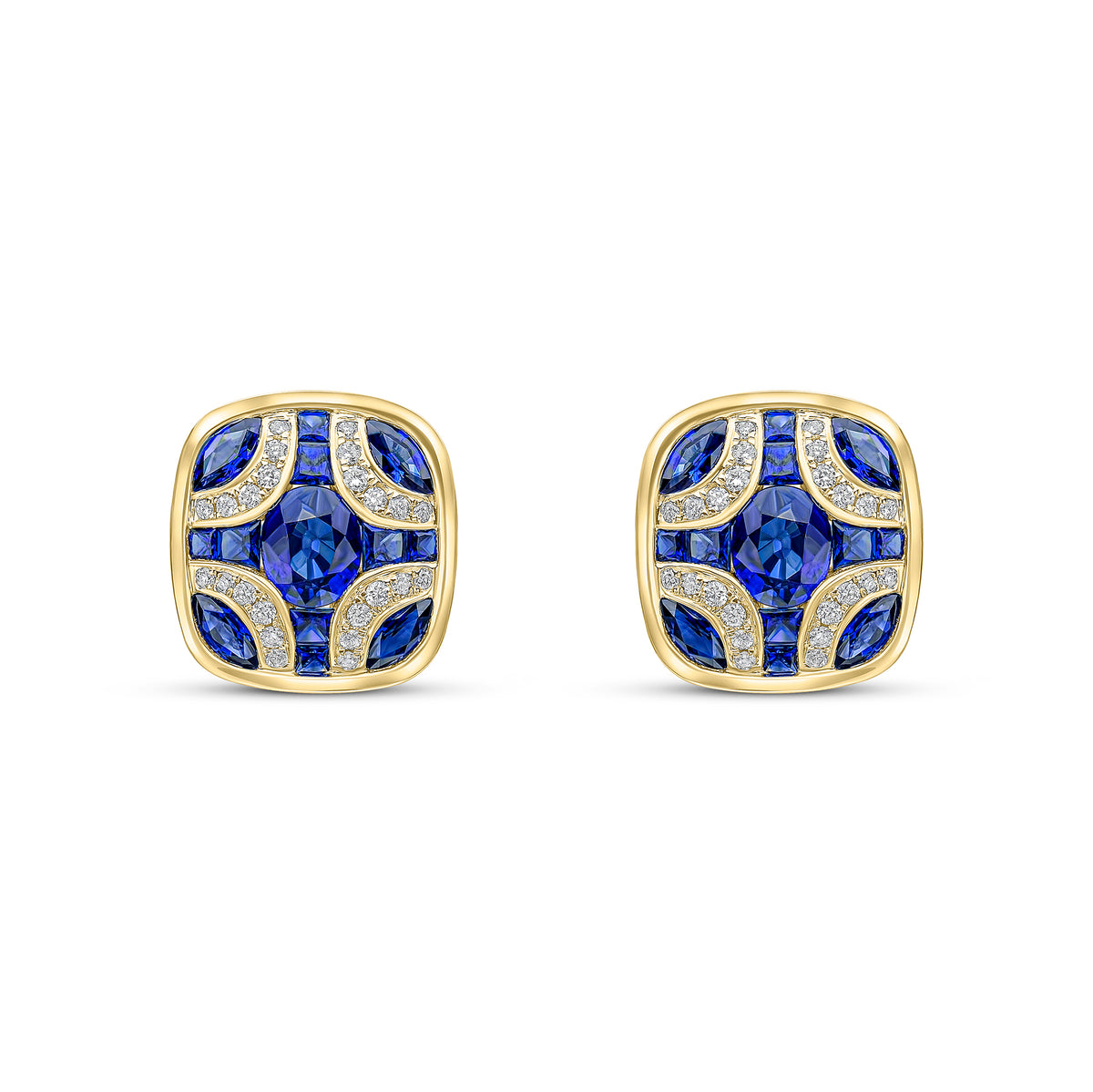 18ct Yellow Gold Natural Sapphire & Diamond Shield Stud Earrings