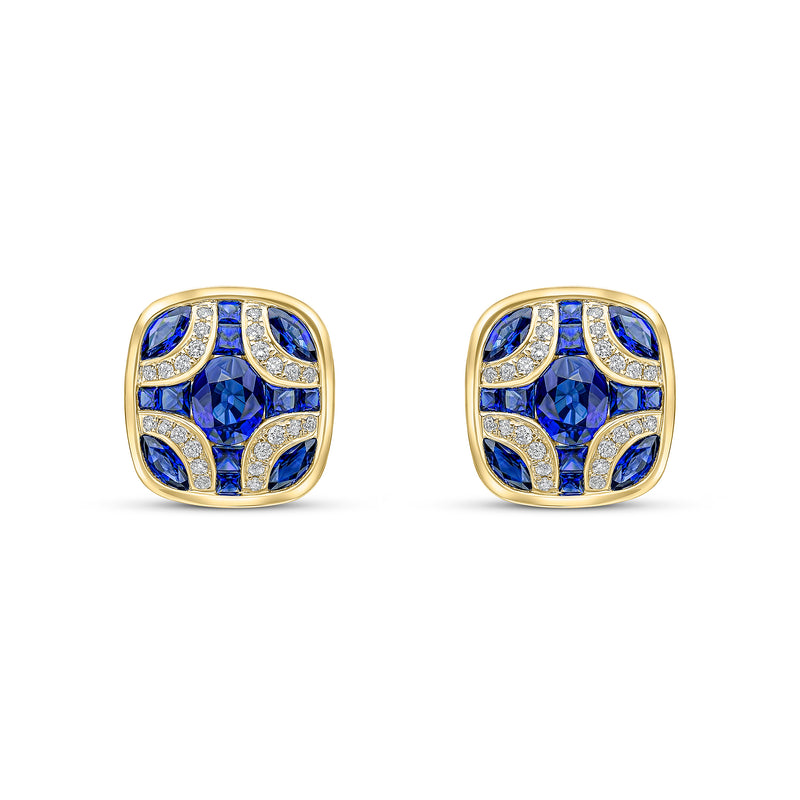 18ct Yellow Gold Natural Sapphire & Diamond Shield Stud Earrings