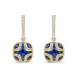 18ct Yellow Gold Natural Sapphire & Diamond Shield and Diamond Line Top Drop Earrings