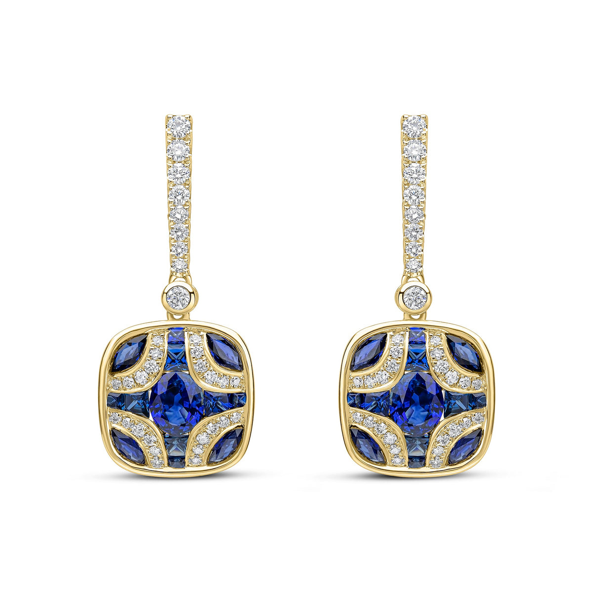 18ct Yellow Gold Natural Sapphire & Diamond Shield and Diamond Line Top Drop Earrings