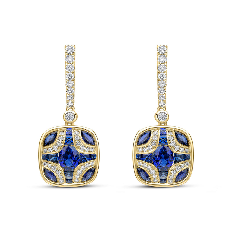 18ct Yellow Gold Natural Sapphire & Diamond Shield and Diamond Line Top Drop Earrings