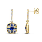 18ct Yellow Gold Natural Sapphire & Diamond Shield and Diamond Line Top Drop Earrings