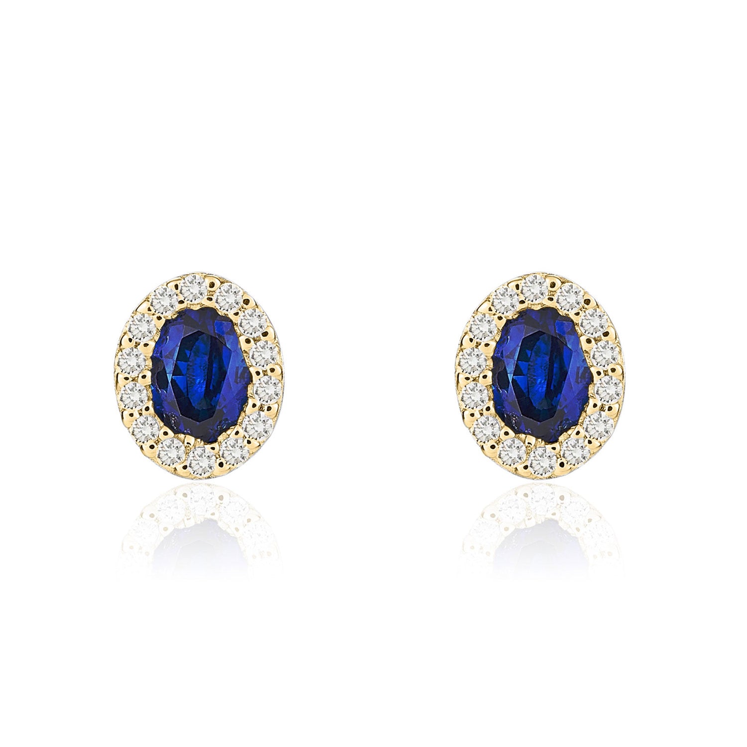 18ct Yellow Gold Oval Natural Sapphire and Diamond Cluster Earrings — 4x3mm