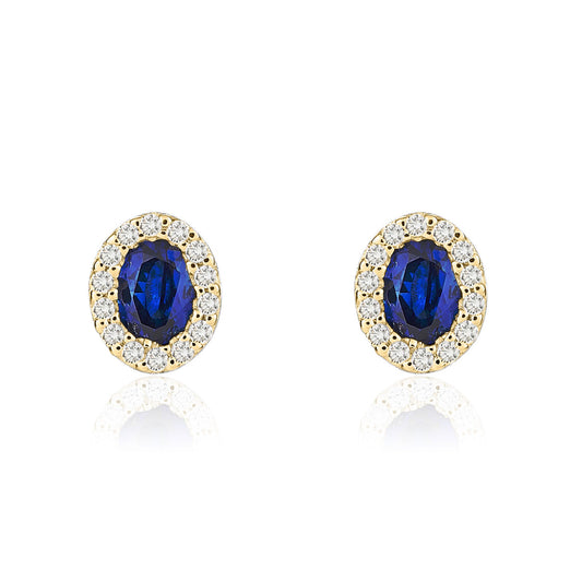 18ct Yellow Gold Oval Natural Sapphire and Diamond Cluster Earrings — 4x3mm