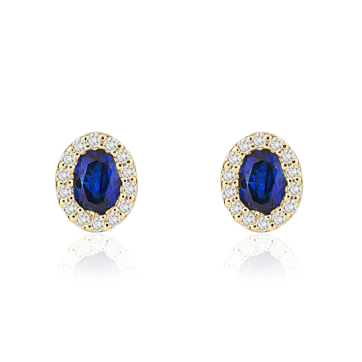 18ct Yellow Gold Oval Natural Sapphire & Diamond Microset Cluster Stud Earrings — 4x3mm
