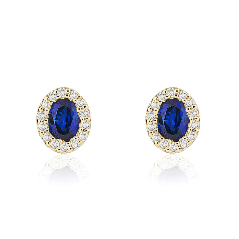 18ct Yellow Gold Oval Natural Sapphire & Diamond Microset Cluster Stud Earrings — 4x3mm