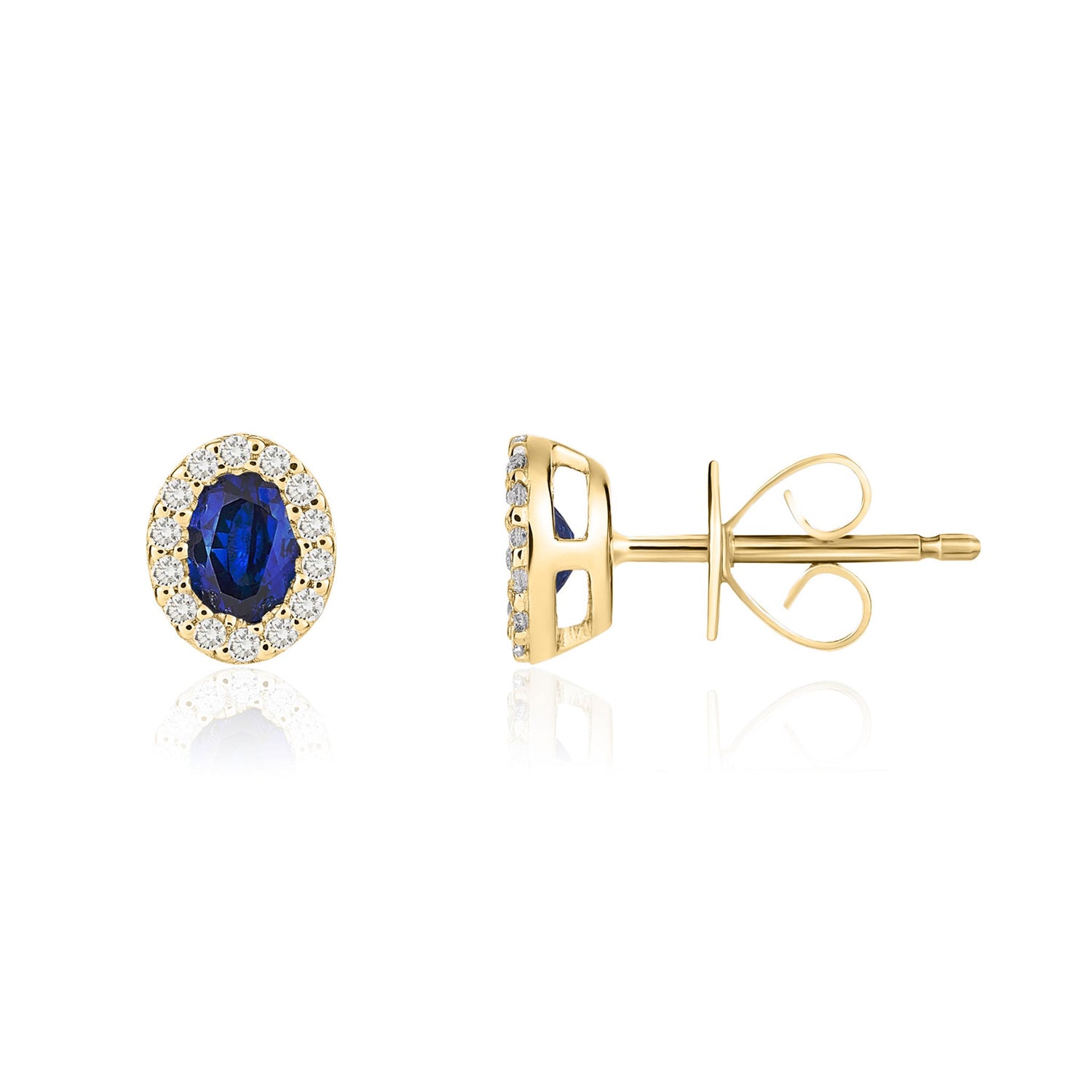 18ct Yellow Gold Oval Natural Sapphire and Diamond Cluster Earrings — 4x3mm