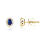 18ct Yellow Gold Oval Natural Sapphire & Diamond Microset Cluster Stud Earrings — 4x3mm