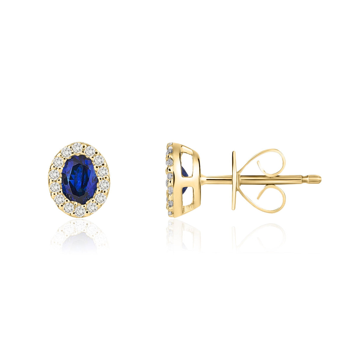 18ct Yellow Gold Oval Natural Sapphire & Diamond Microset Cluster Stud Earrings — 4x3mm