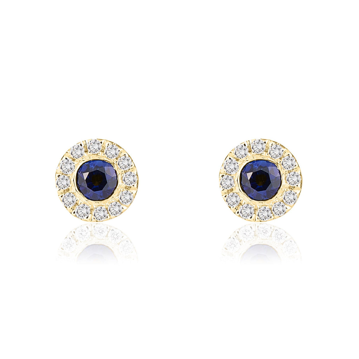 18ct Yellow Gold Round Natural Sapphire & Diamond Cluster Stud Earrings — 3mm
