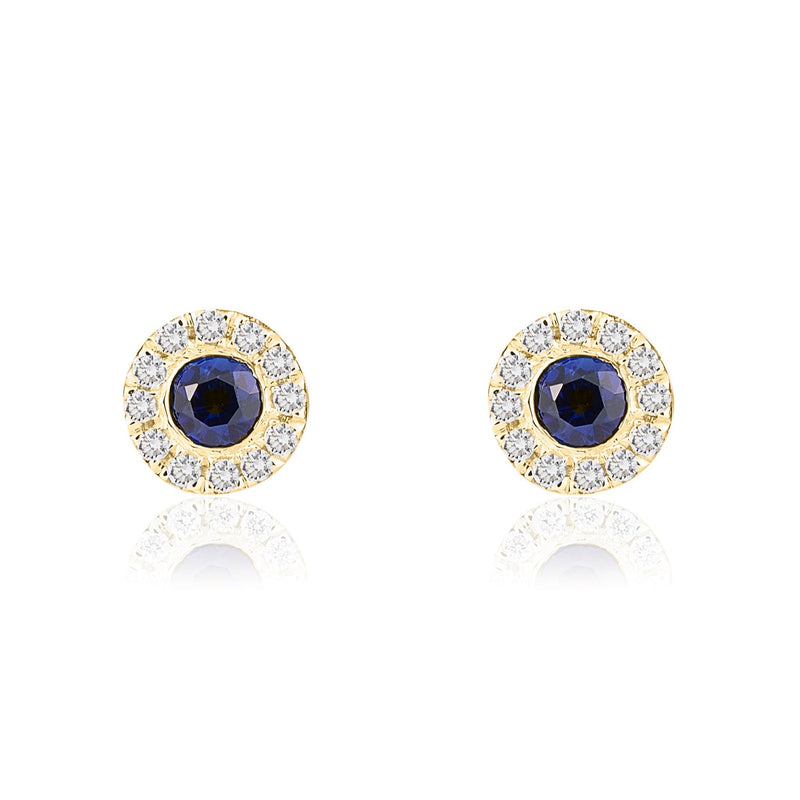 18ct Yellow Gold Round Natural Sapphire & Diamond Cluster Stud Earrings — 3mm