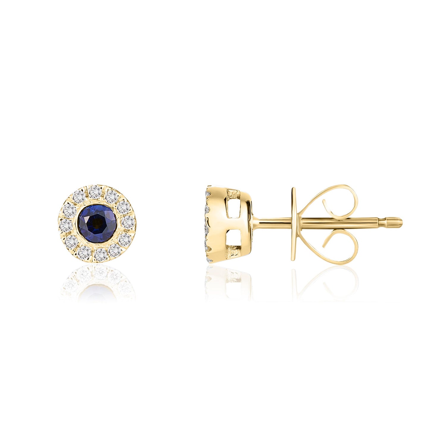 18ct Yellow Gold Round Natural Sapphire and Diamond Cluster Earrings — 3mm